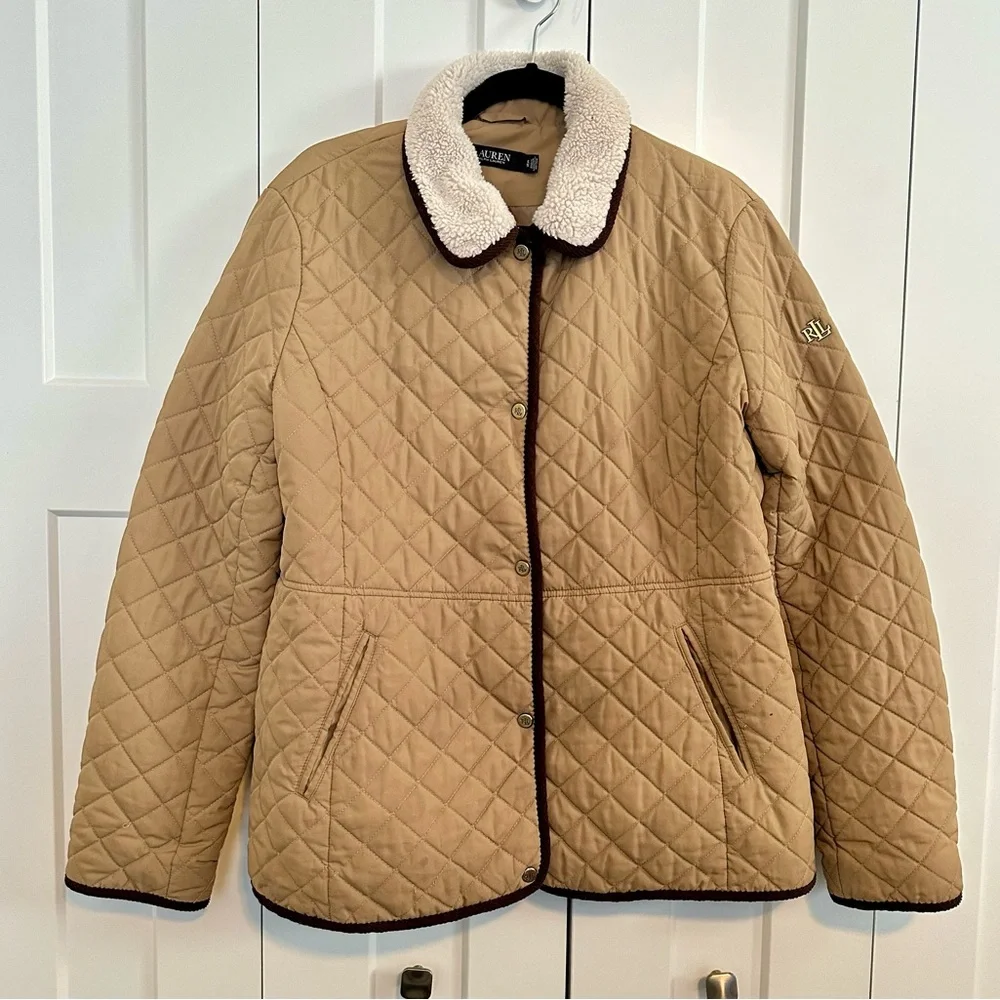 Ralph Lauren Quilted Faux‎ Shearling Collar Jacket in Classic Camel XL